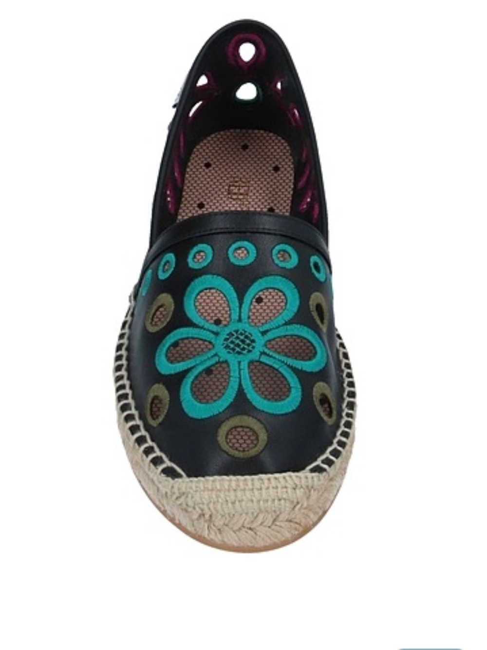 RED Valentino Black Espadrille Flats with Teal & Pink Floral Cutouts